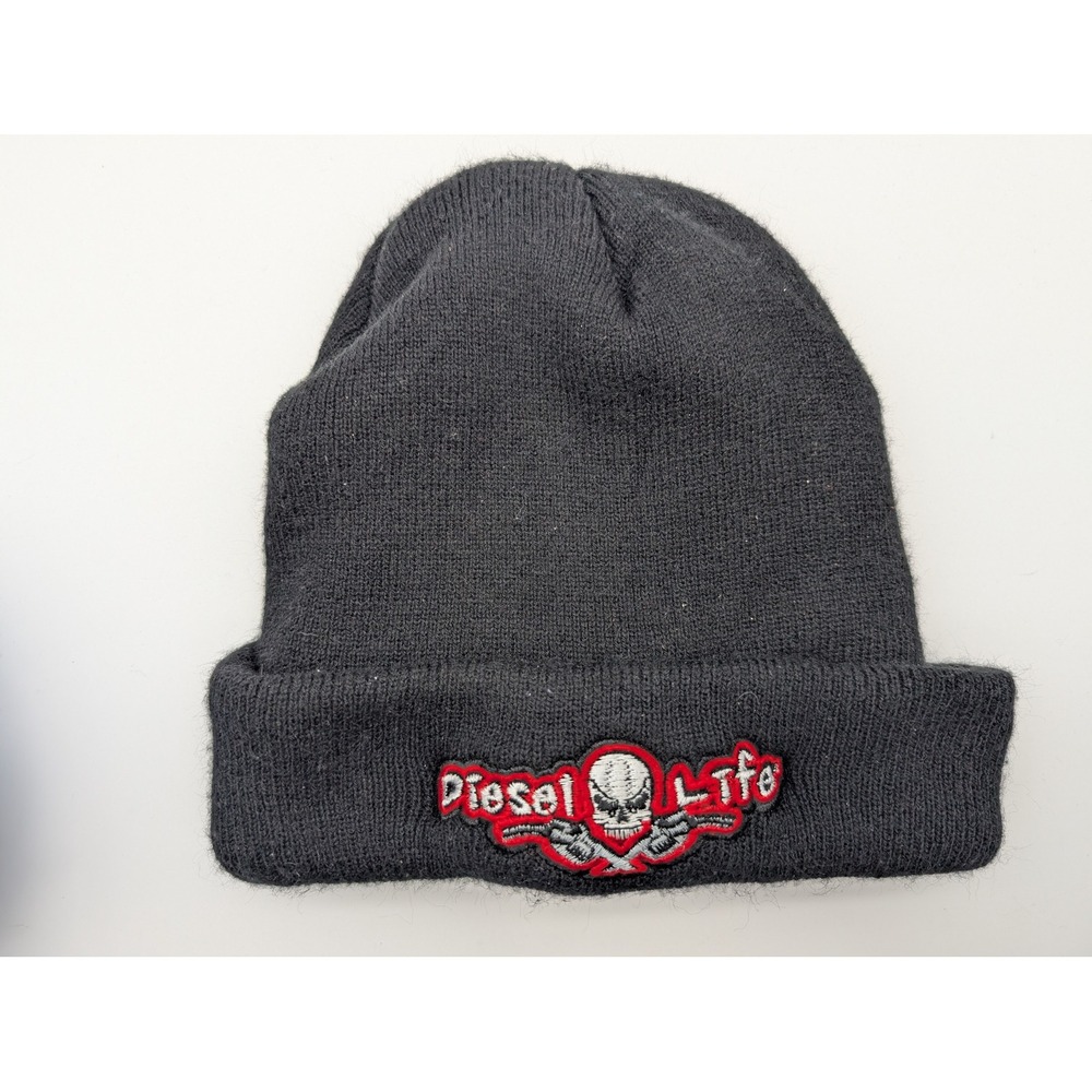 Diesel Life Mens Black Knit Beanie Skull Crossed Pistols Embroidered Hat 1SFM